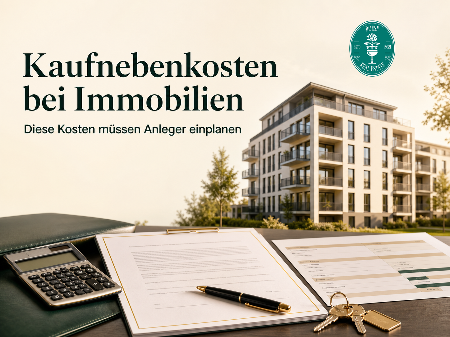 Kaufnebenkosten bei Immobilien – Kaufvertrag, Taschenrechner, Schlüssel und Mehrfamilienhaus